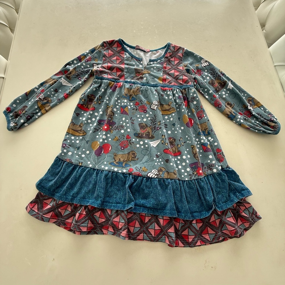 Girls Sz 10 Jelly The Pug Blue Coral Pug Print Dress Top Long Sleeve